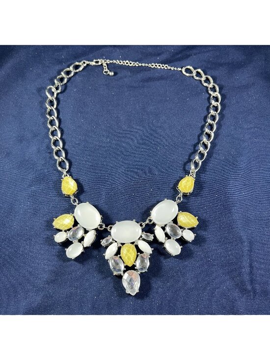 Jewelry - Statement Bib Necklace With Yellow & White Gemstones Silver-Tone Chain Adjustabl